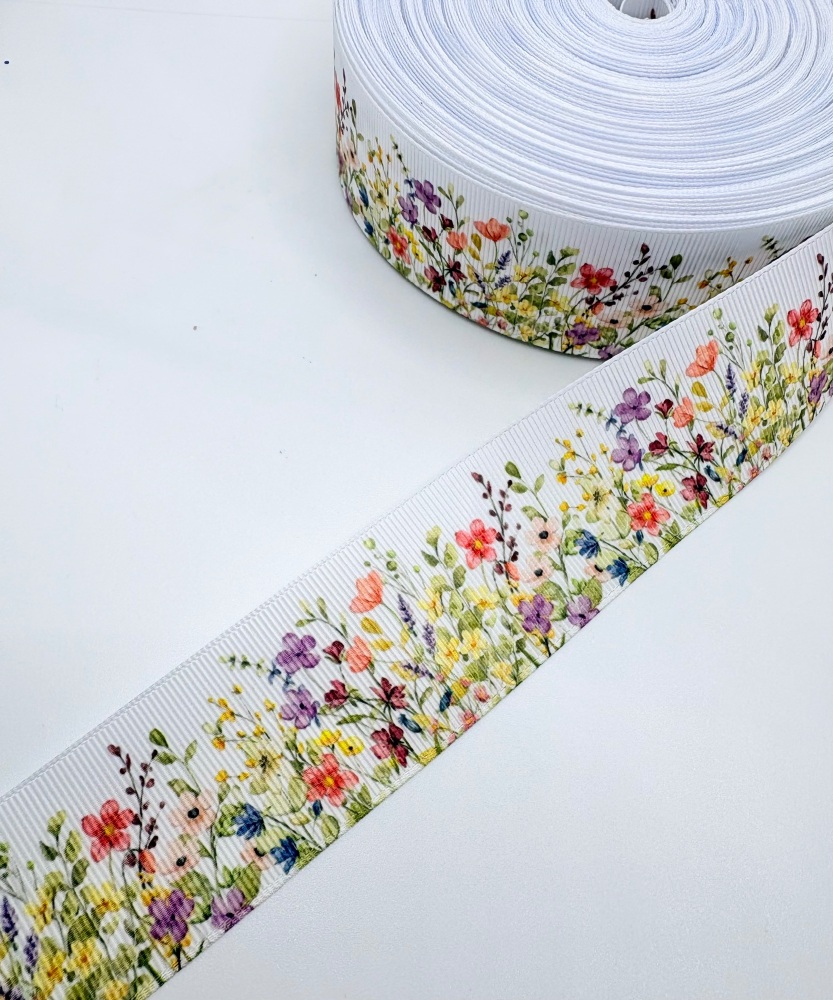 38mm Spring blossom flowers grosgrain ribbon