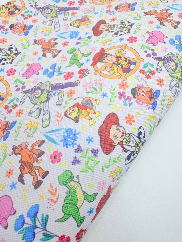 Floral toy story collage print printed leatherette