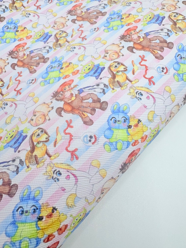 Pastel striped toy story collage print printed leatherette