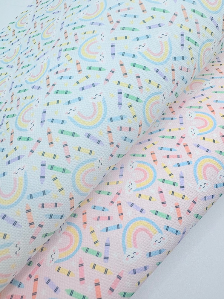 1801 - Pastel rainbow crayons school printed canvas fabric sheet