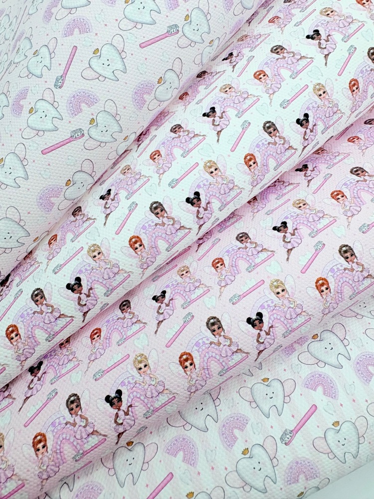 1801 - Pink tooth fairy rainbows printed canvas fabric sheet