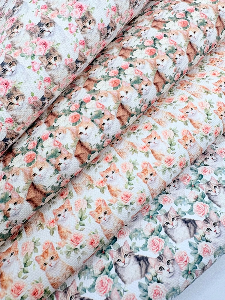 1800 - Floral pussy cat kitten printed canvas fabric sheet