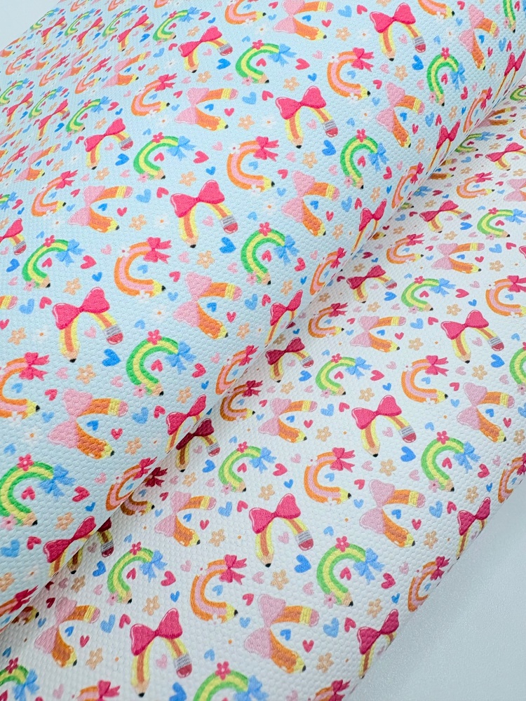 1802 - Coquette school pencil rainbow printed canvas fabric sheet