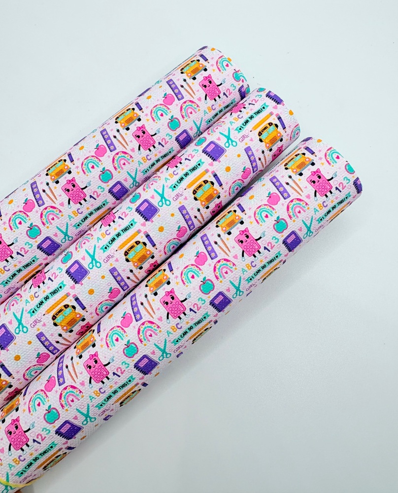 1501 - School i can do this stationery rainbow bus printed canvas fabric