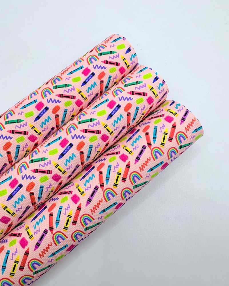 1501 - School pink crayon rainbows printed canvas fabric