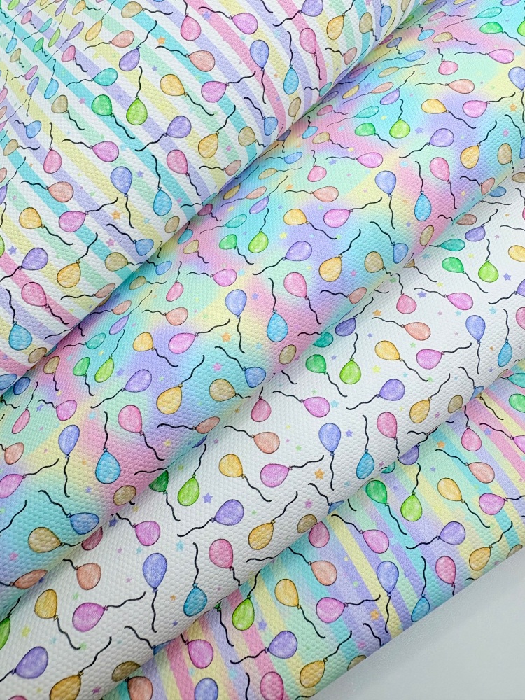 1802 - Pastel rainbow Birthday Balloons printed canvas fabric sheet