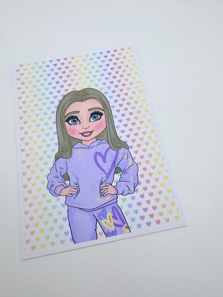 Purple Tracksuit Girl printed bow card (PACK OF 10)