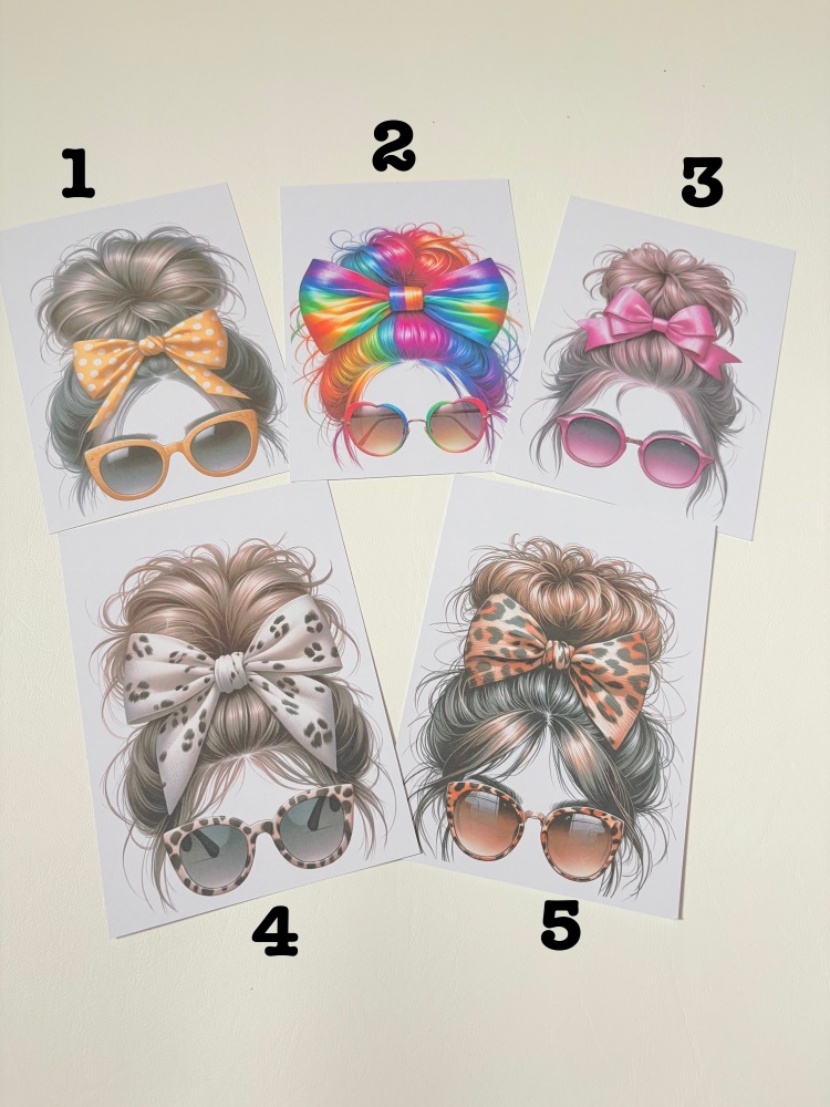 Messy bun sunglasses summer Printed bow card (pack of 10)