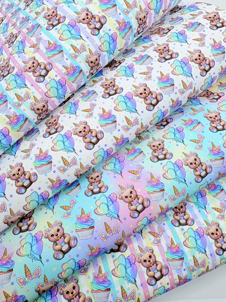 1803 - Pastel Rainbow Unicorn teddy bear Cupcakes printed canvas fabric sheet