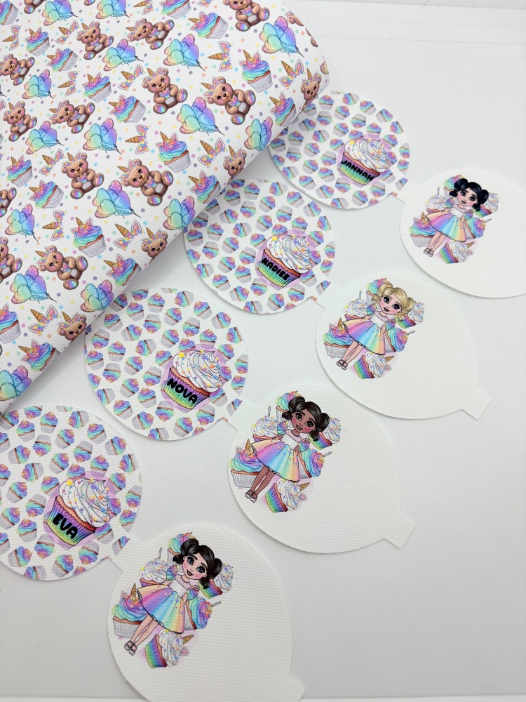 Pastel Rainbow Cupcakes dolly girl printed  Dolly bow loop pre cut bow loop