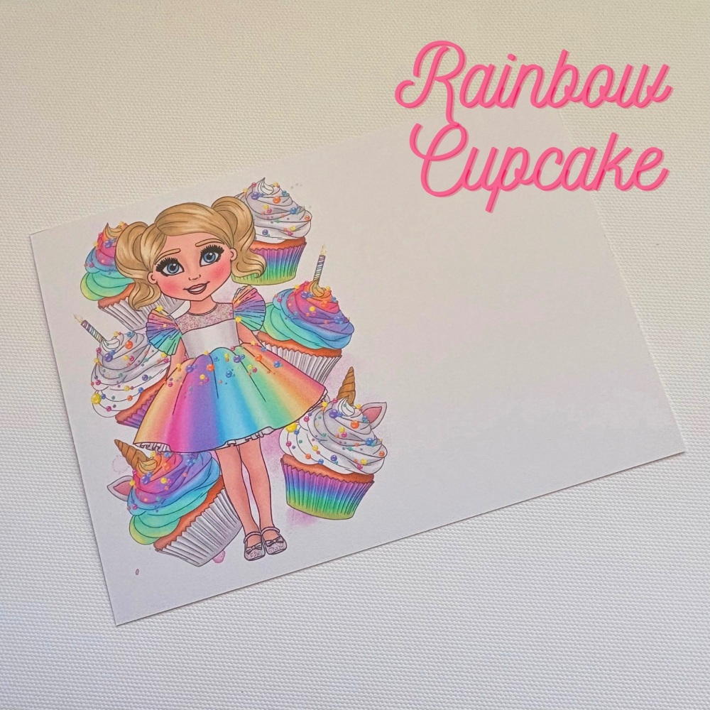 Pastel Rainbow Cupcakes Dolly Girl printed bow card (PACK OF 10)