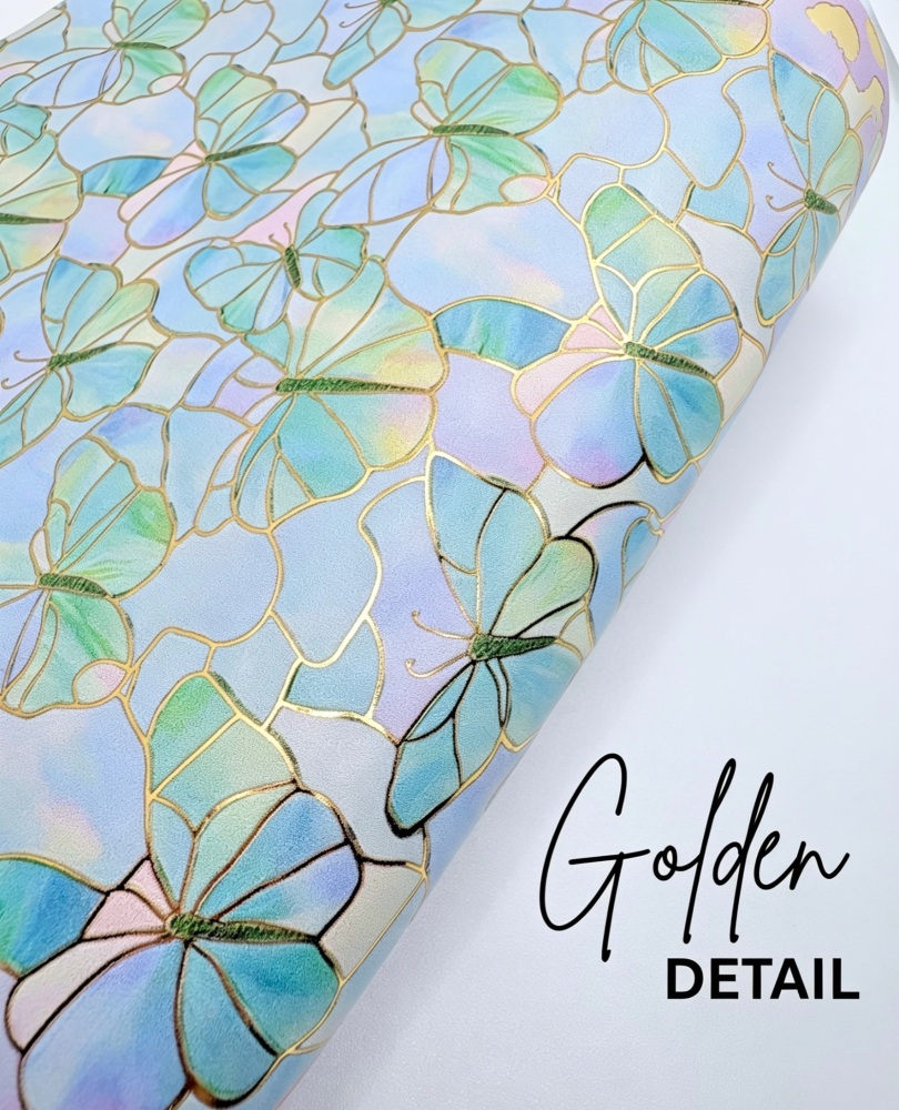 GOLD FOIL - Green Blue Butterflies printed leatherette fabric