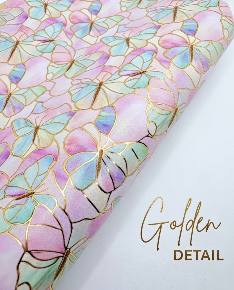 GOLD FOIL - Pink Butterflies printed leatherette fabric