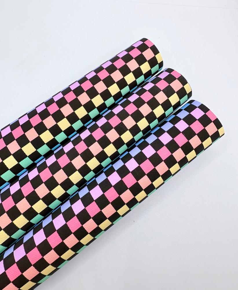 1146 - Black Vibrant Rainbow Checkerboard printed canvas sheet
