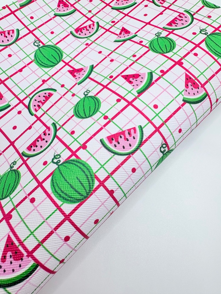 Bright Watermelon Grid printed leatherette fabric