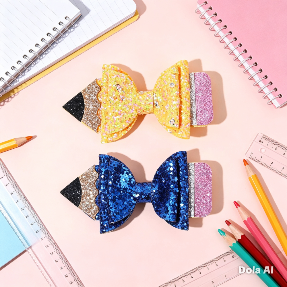 Yellow Navy Glitter Pencil School Hair bow Stall Filler with clip