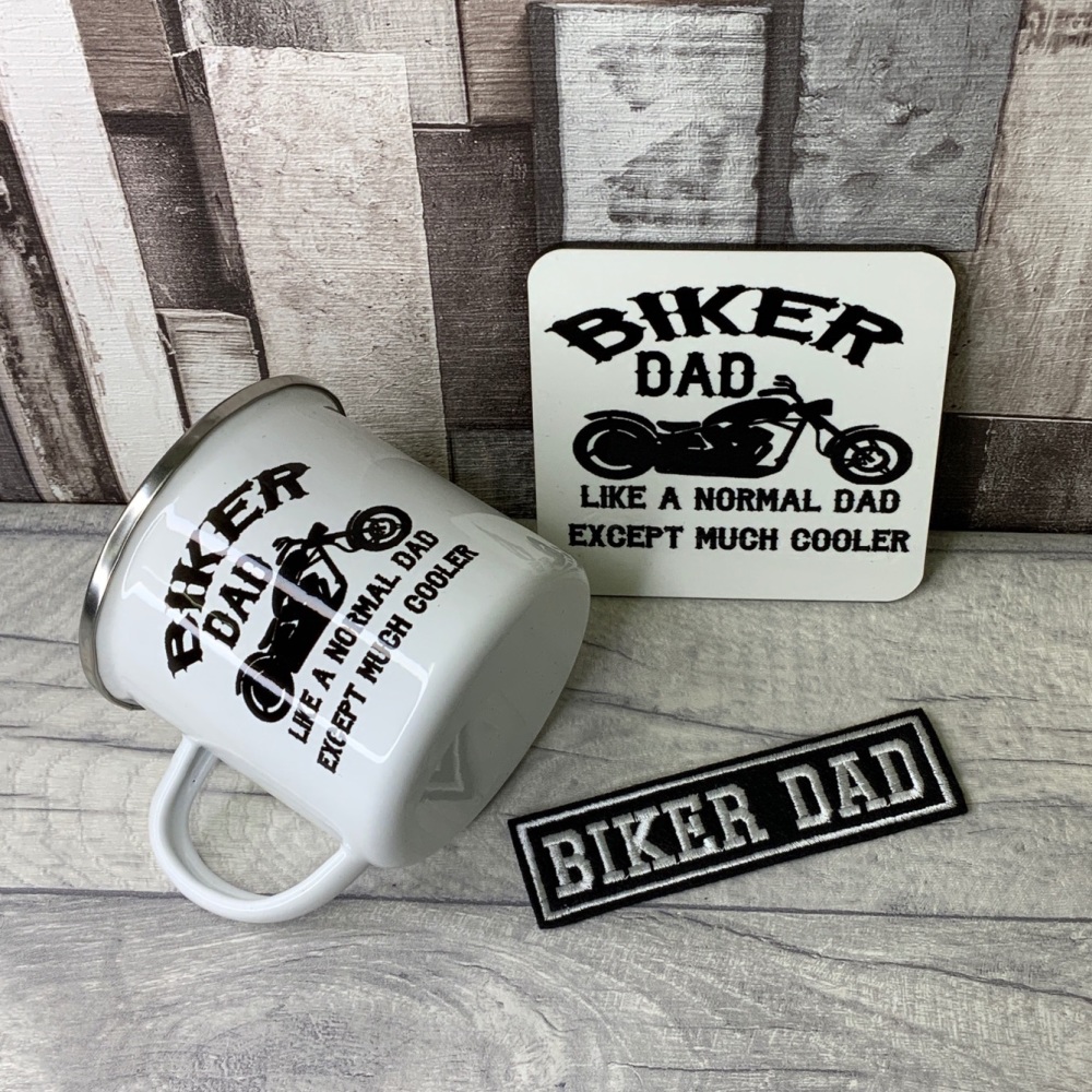Biker Dad Fathers Day Gift Set - Enamel Mug, Biker Dad Embroidered Patch & Matching Coaster