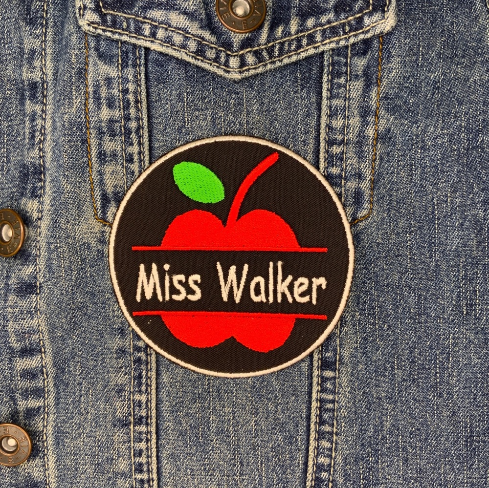 Personalised Teacher Apple Circle Name Iron On Twill Embroidered Patch
