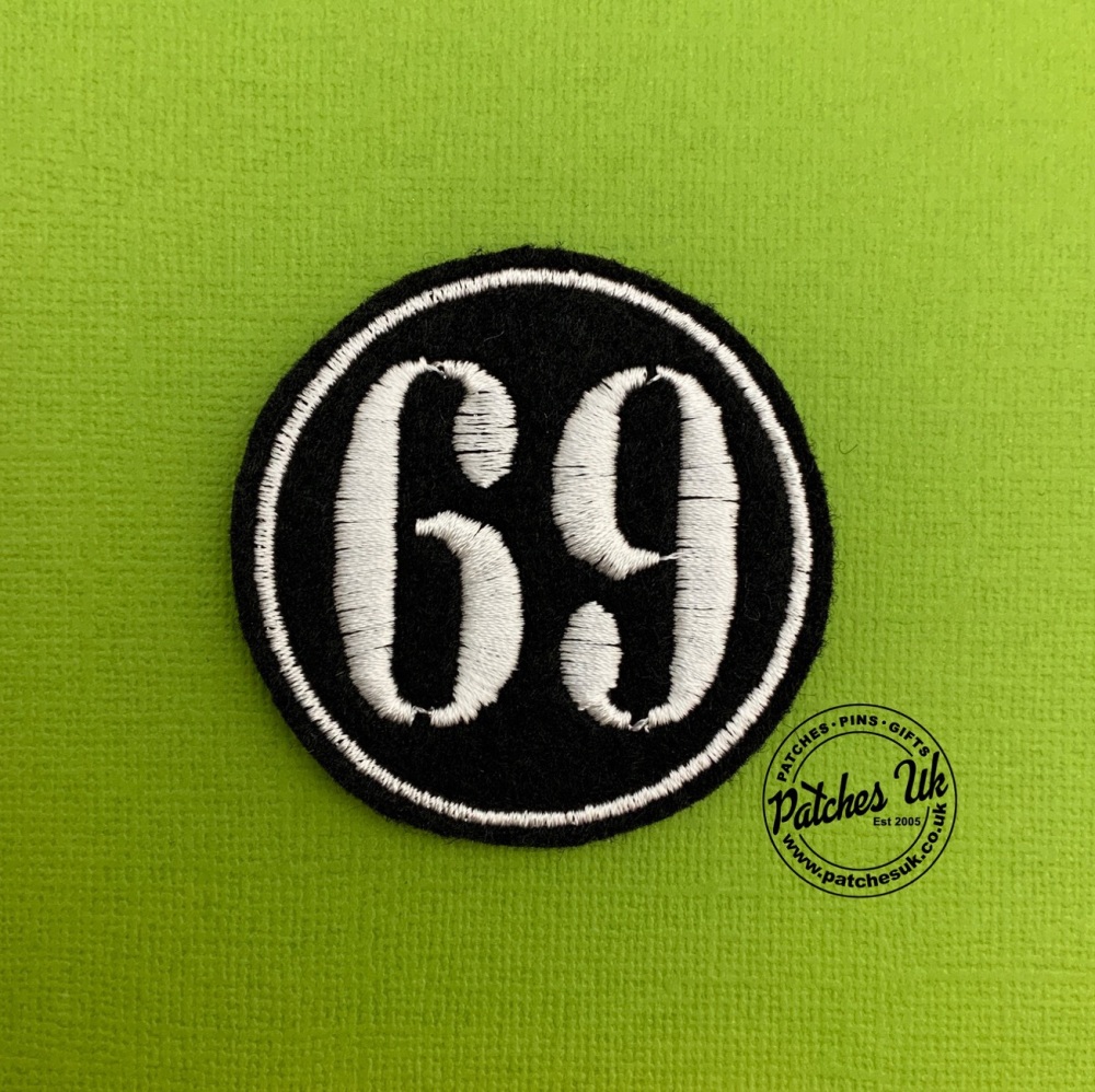 No. 69 - Stencil font Felt Embroidered Biker Circle Patch #0004