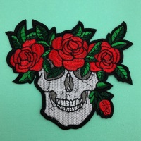 Red Floral Skull Fabric Embroidered Patch #0097