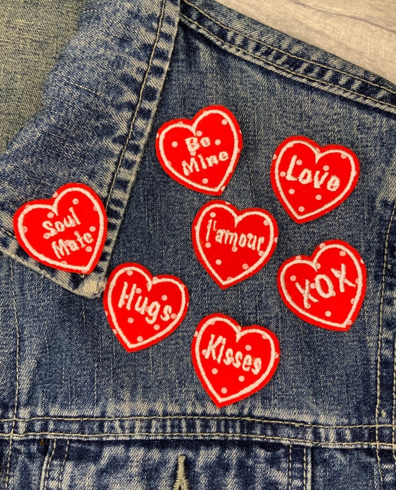 Mini Valentines Polka Dot Love Hearts Embroidered Iron On Patch XOX Be Mine Hugs