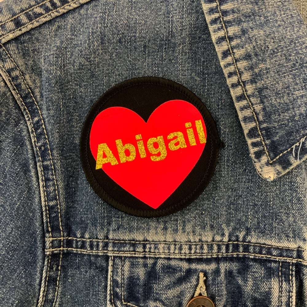 Personalised Black Circle Sew On Heart and Glitter Vinyl Name Patch