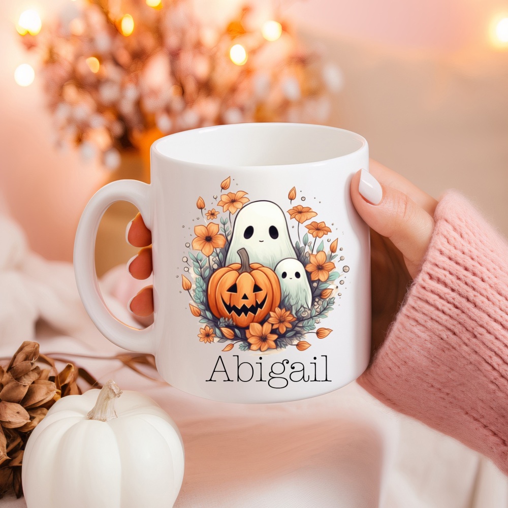 Personalised Super Cute Pumpkin and Ghost Autumn Halloween Ceramic Mug