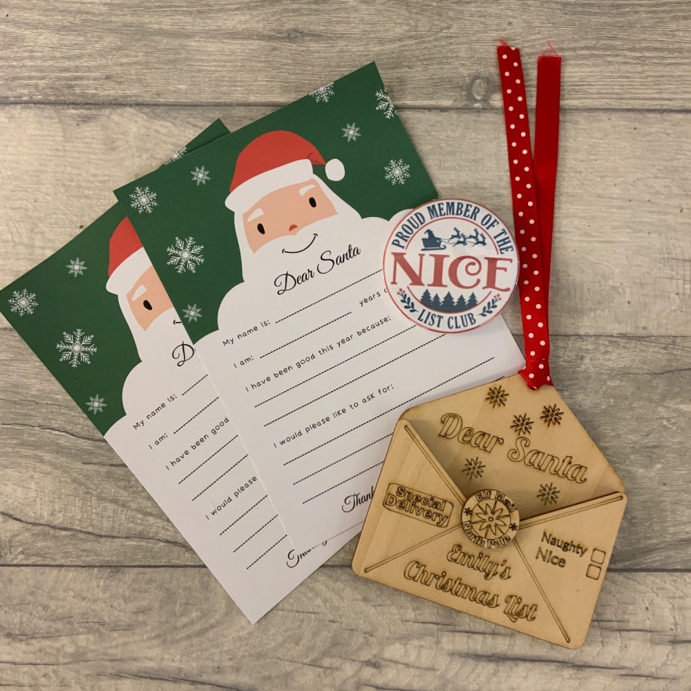 Personalised Santa Letter Holder | Santa Letter Notepaper | Nice List Member Badge | Tree Decoration | Gift Set | Christmas 2023 | Childrens