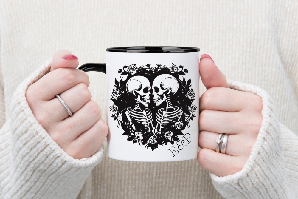 Personalised Initials Skeleton Love Couple Black Handle Ceramic Mug