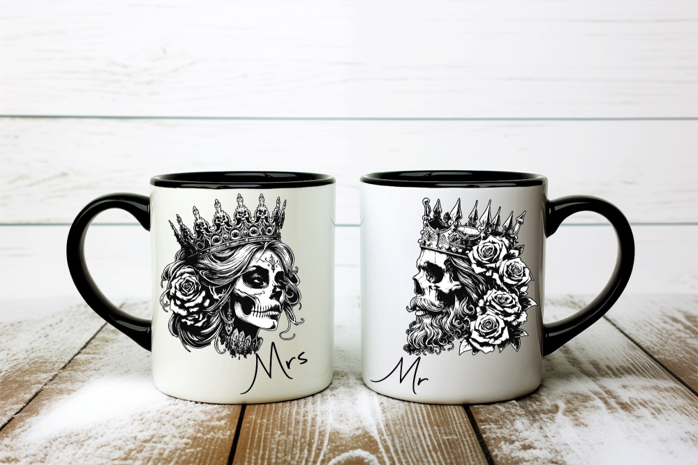Personalised Mr & Mrs King & Queen Skull Black Handle Ceramic Mug Wedding Gift Set