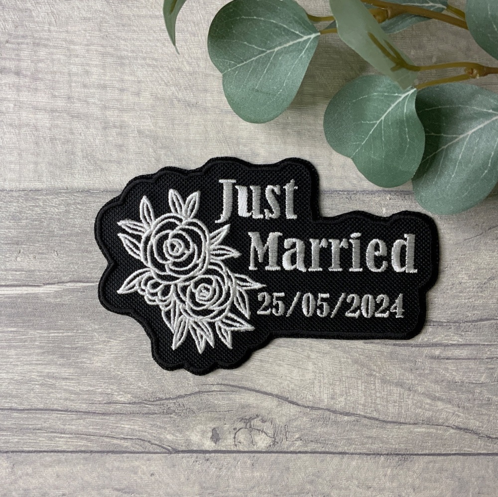 Just Married Floral Personalised Embroidered Wedding Patch - Medium