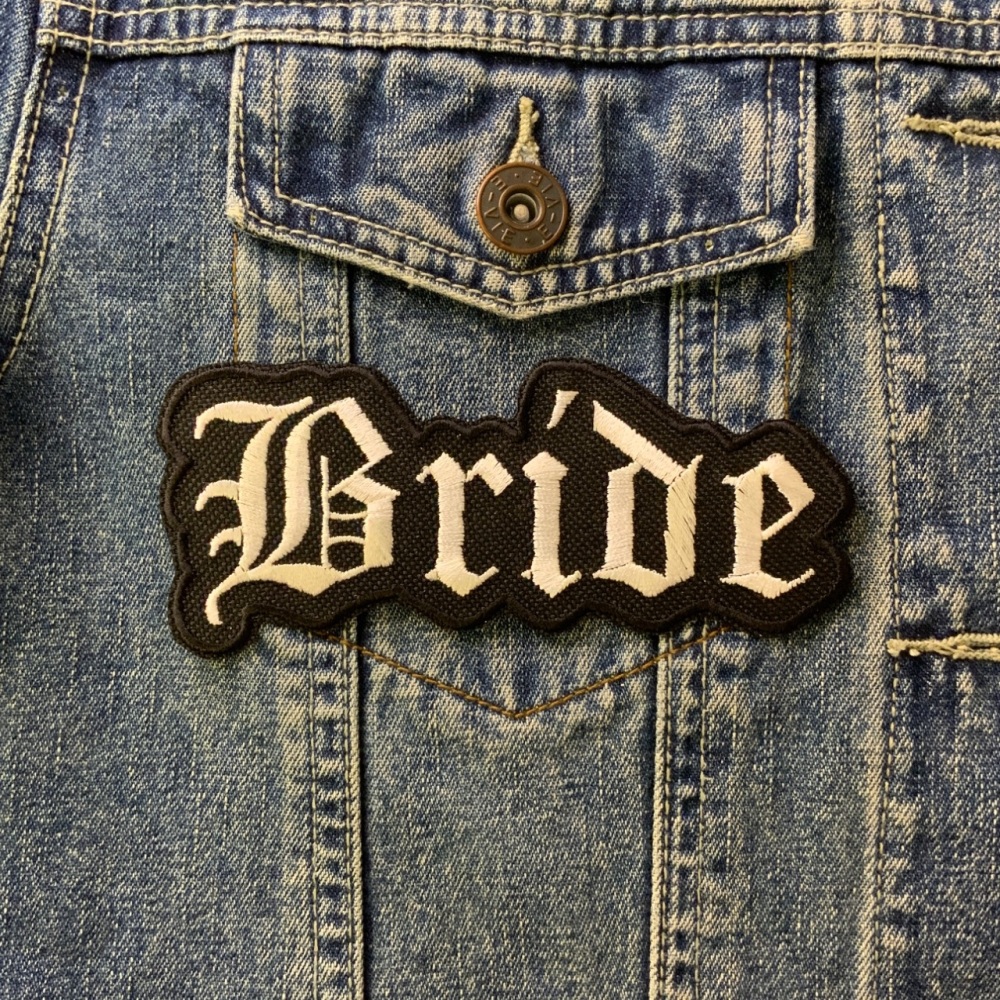 Bride Iron on Cloth Embroidered Patch Large Gothic Script  0067