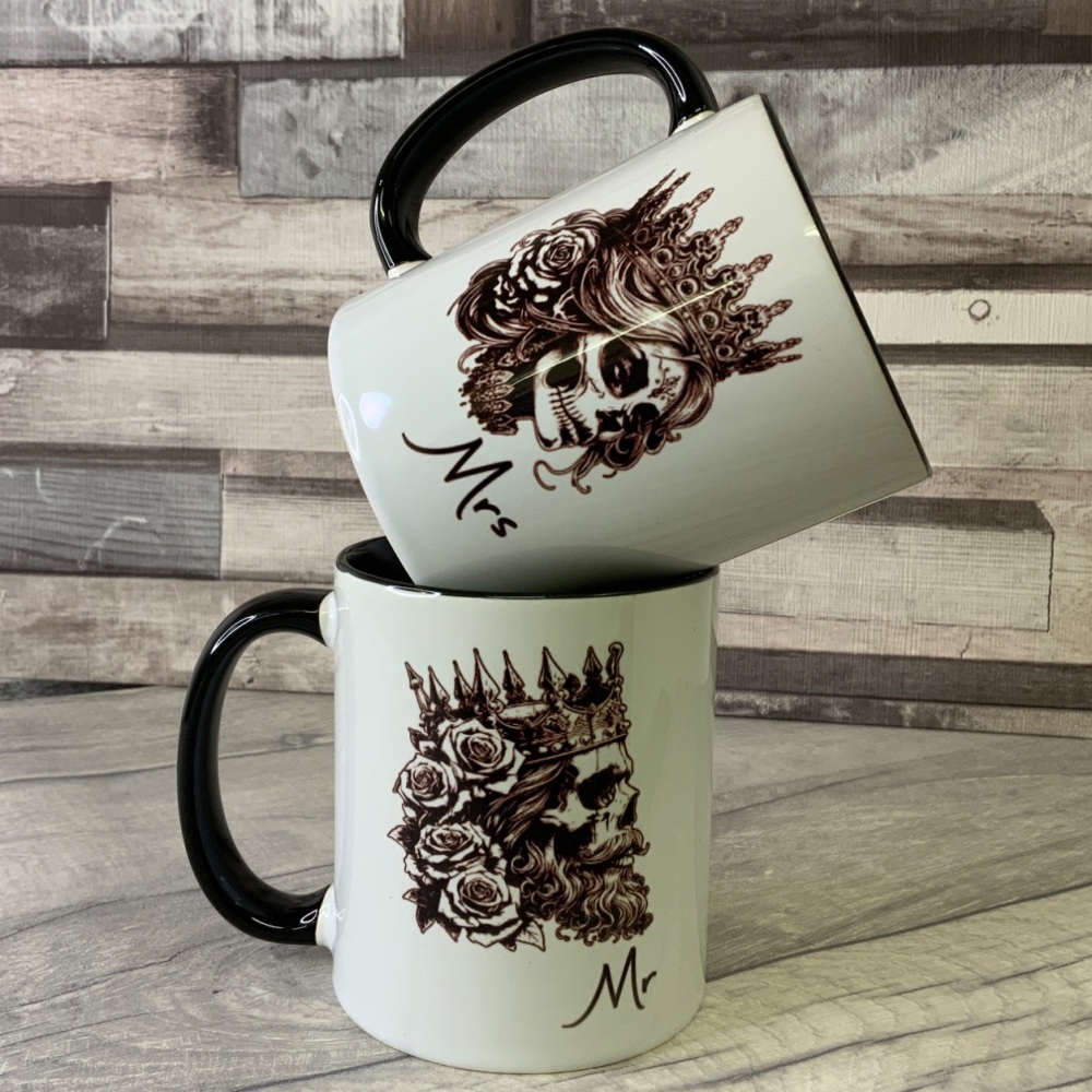 Personalised Mr & Mrs King & Queen Skull Black Handle Ceramic Mug Wedding Gift Set