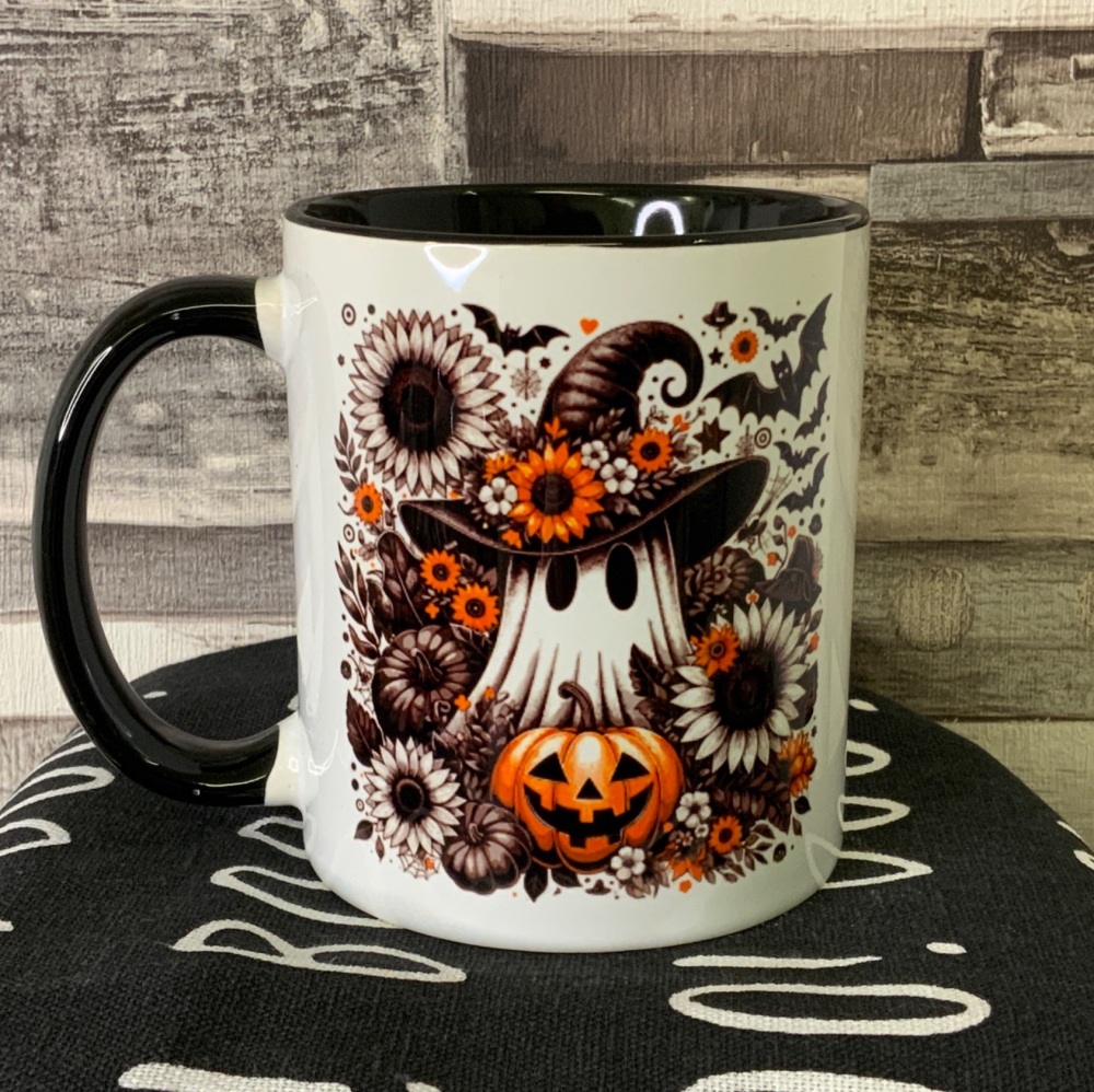 Personalised Spooky Ghost & Pumpkin Black Handle Ceramic Mug