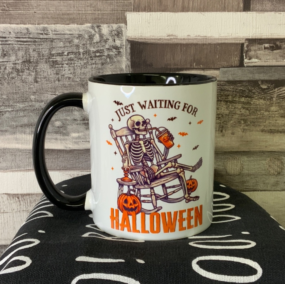 Personalised Just waiting for HALLOWEEN Black Handle Ceramic Mug