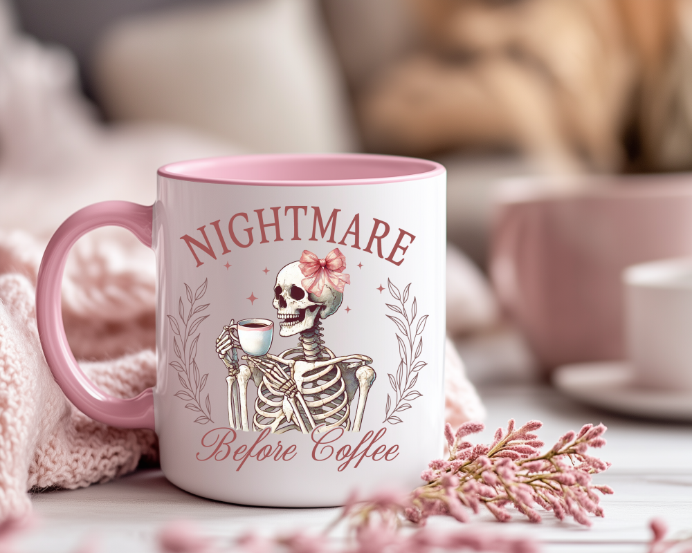 Personalised Nightmare Before Coffee Skeleton Pink Bow Pink Handle Ceramic Mug