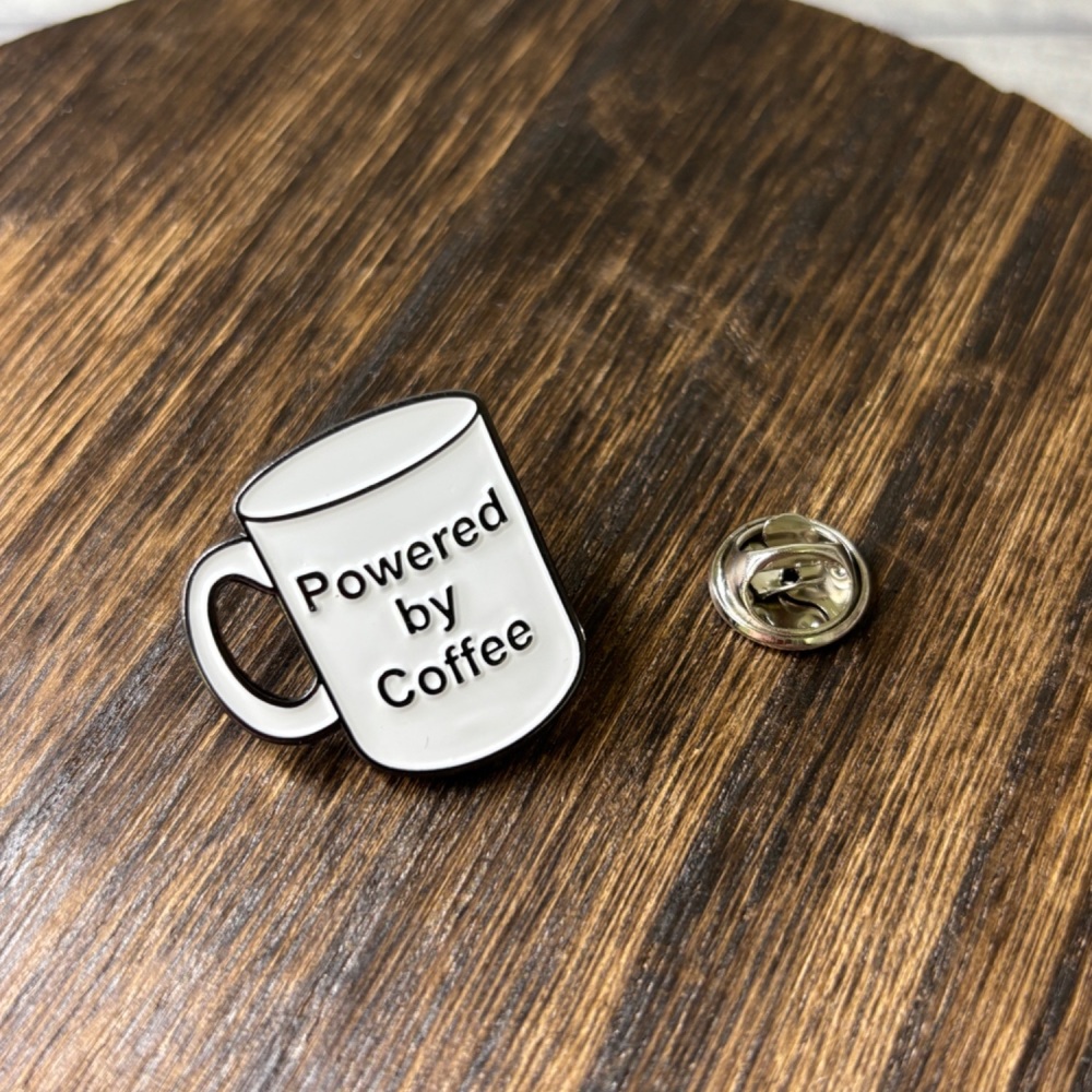 Powered by Coffee White Mug Metal Enamel Pin Badge #0039
