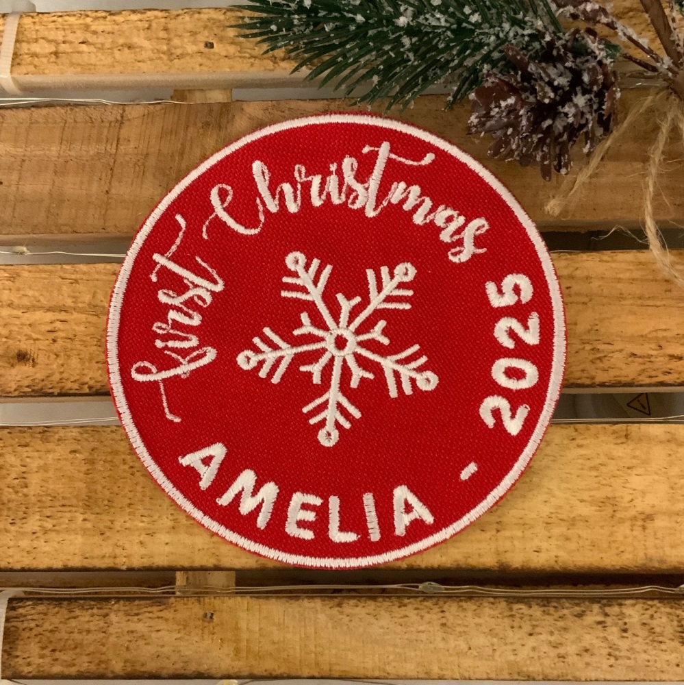 Personalised First Christmas Babies Embroidered Fabric Iron On Patch | Decorate a Stocking | Baby Grow