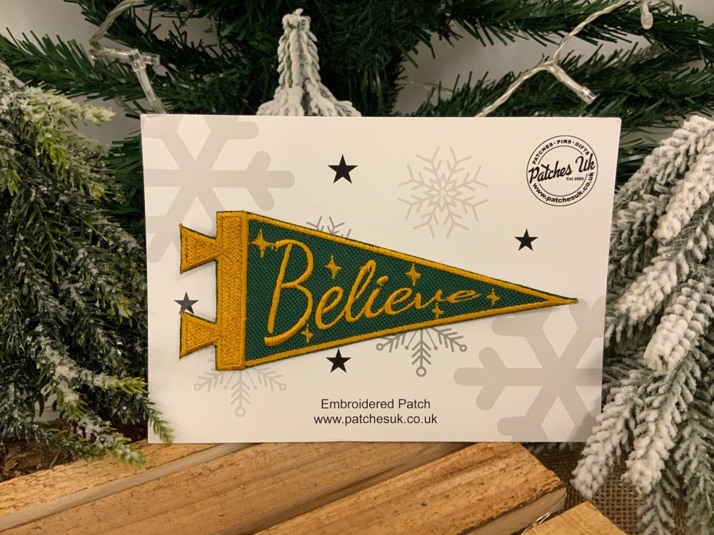 Believe Embroidered Fabric Iron On Pennant Flag Christmas Patch