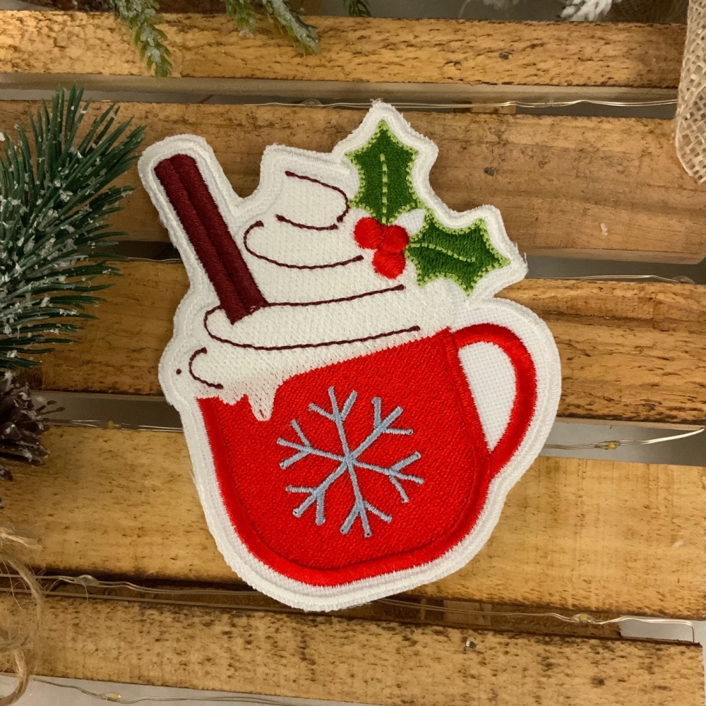 Christmas Hot Chocolate Mug Embroidered Fabric Iron On Patch