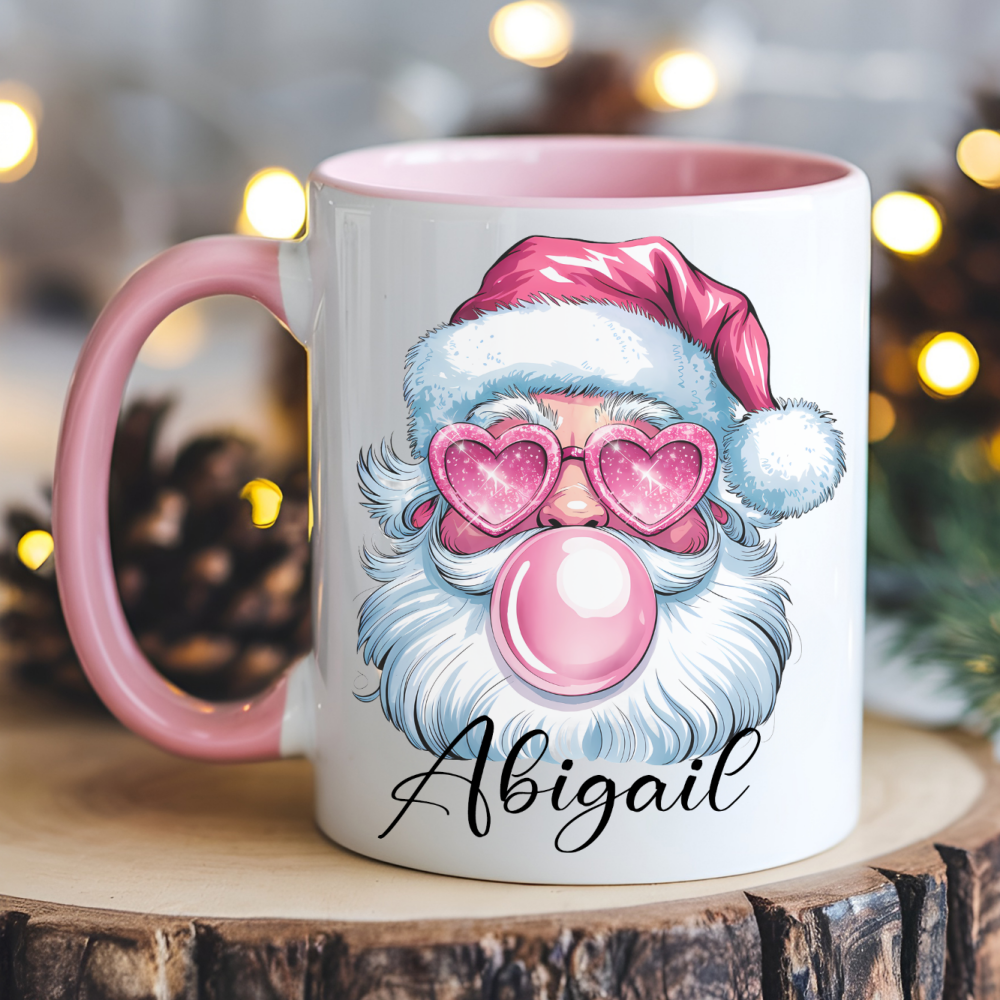 Personalised Pink Bubblegum Santa Pink Handle Ceramic Mug