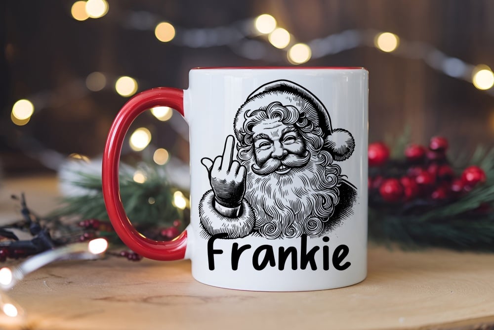 Personalised Naughty Santa Red Handle Ceramic Mug | Humour | Funny | Rude | Christmas Gift