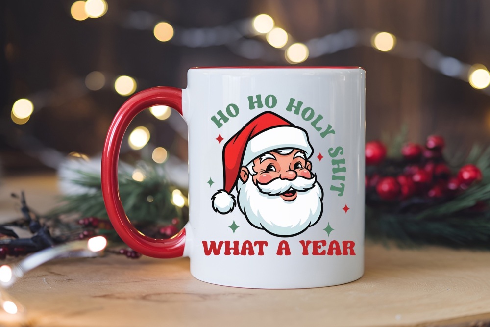 Personalised Christmas Ho Ho Holy Shit What A Year Red Handle Ceramic Mug | Humour | Funny | Christmas Gift