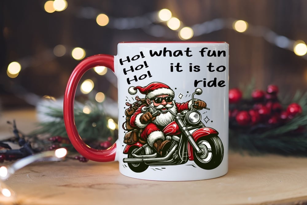 Personalised Ho!Ho!Ho! What A Ride Santa Motorbike Red Handle Ceramic Mug | Humour | Funny | Christmas Gift