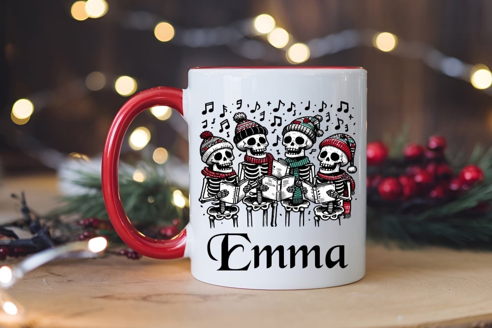 Personalised Skeleton Carol Singers Red Handle Ceramic Mug | Humour | Funny | Rude | Christmas Gift
