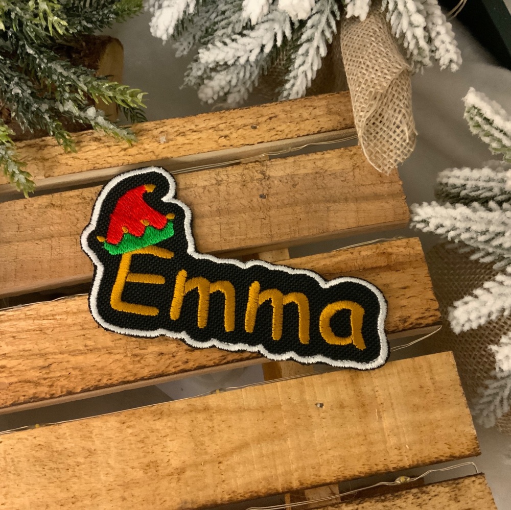 Personalised Elf Hat Name Embroidered Fabric Iron On Patch