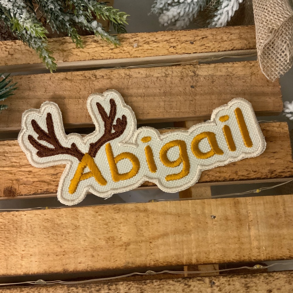 Personalised Christmas Antler Name Embroidered Fabric Iron On Patch
