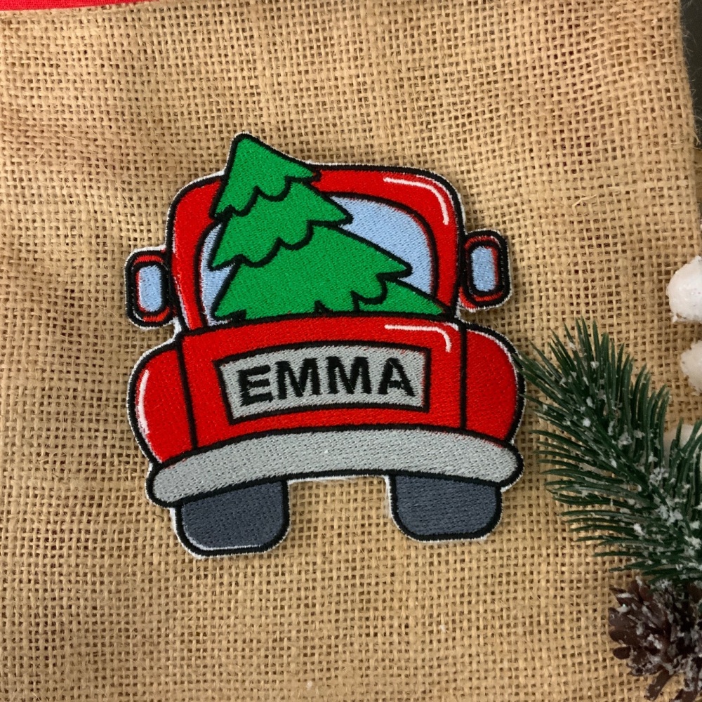 Personalised Christmas Truck with tree Name Embroidered Fabric Iron On Patch