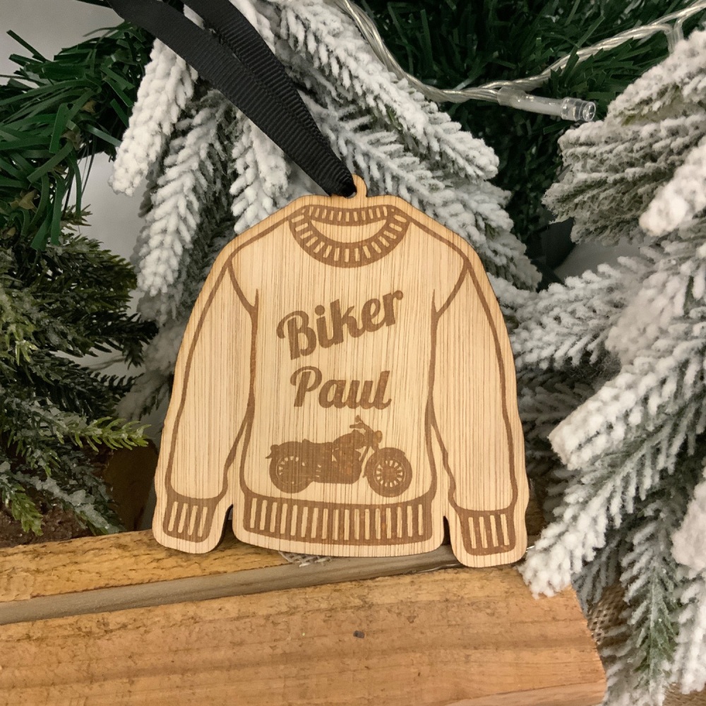 Wooden Christmas Jumper Tree Decoration | Gift Tag | Biker Dad | Biker Gran