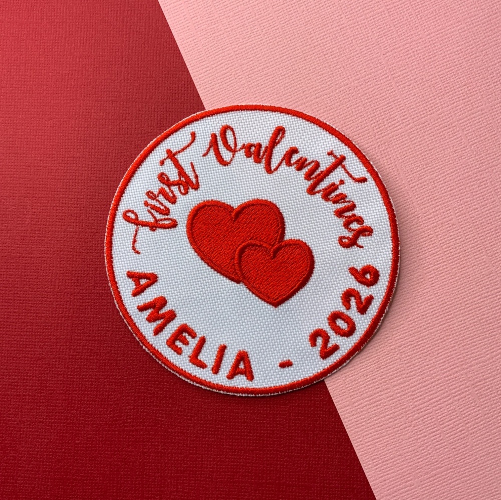 Personalised First Valentines Babies Embroidered Fabric Iron On Patch | Decorate a bib | Baby Gro/Romper/Onesie